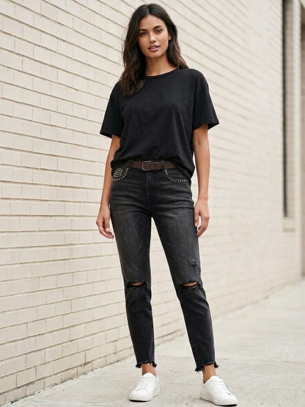 Free People Payton Studded Distressed Skinny Jeans Washed Black 27